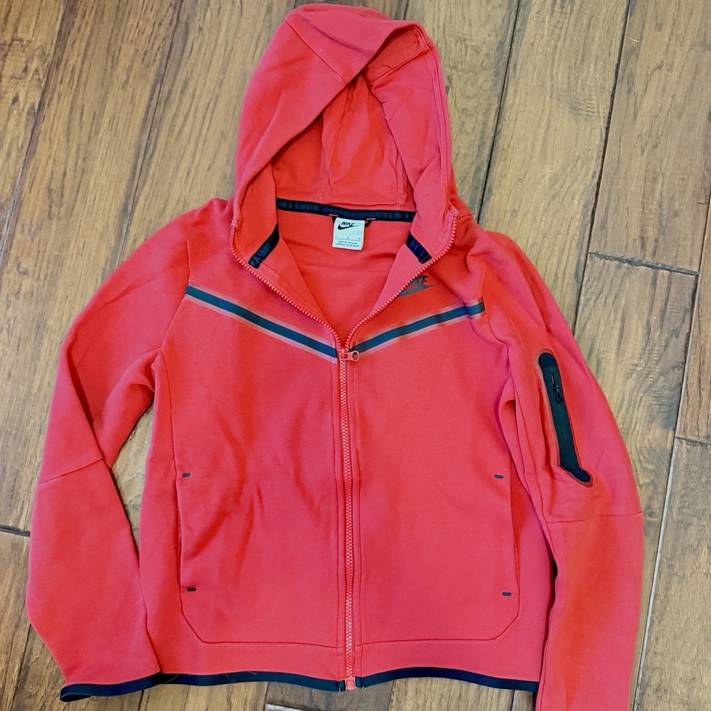 Nike Tech Fleece Hoodie Red Zip Up Sweatshirt Jacket Swoosh Logo YOUTH Large